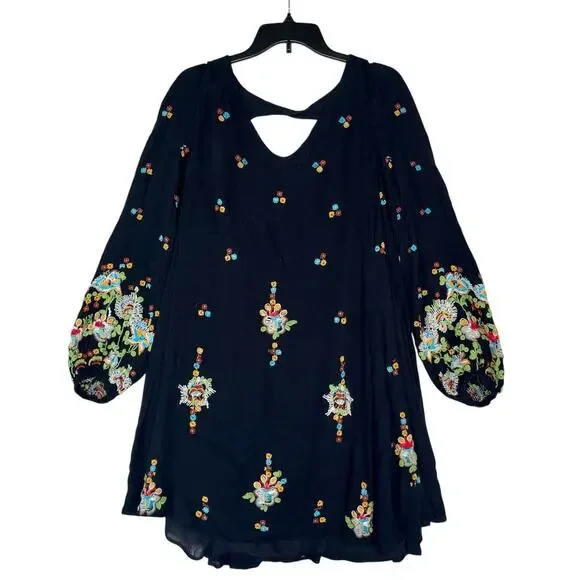 Free People Oxford embroidered swing dress black colorful floral embroidery EUC - Picture 3 of 10